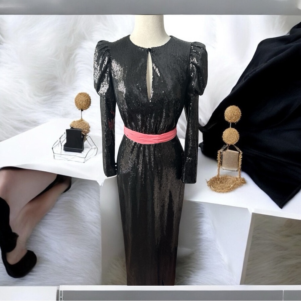 Monique Lhuillier Sequin Gown Women's Size 4 Black Long Sleeve Sparkling Maxi